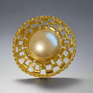 Vintage Gold-Tone Brooch with Faux Pearl Center – Mid Century Costume Jewelry